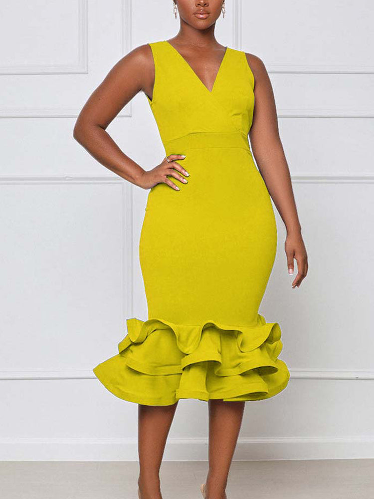 Sixsr Ruffled Trim Bodycon Midi Dress