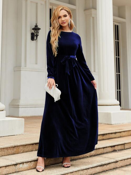 swvws Tie Front Round Neck Long Sleeve Maxi Dress