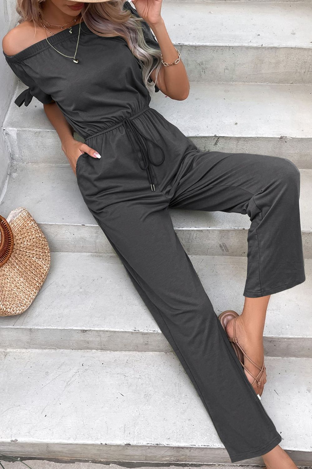 swvws Off-Shoulder Tie Cuff Jumpsuit with Pockets