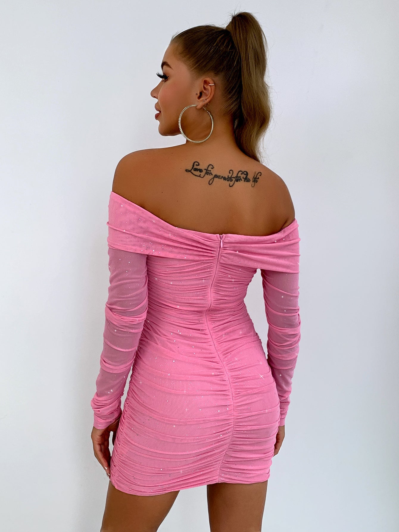 swvws Glitter Ruched Off-Shoulder Long Sleeve Bodycon Dress