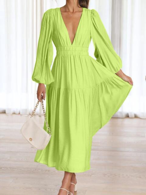 swvws Deep V-Neck Balloon Sleeve Plain Maxi Dress