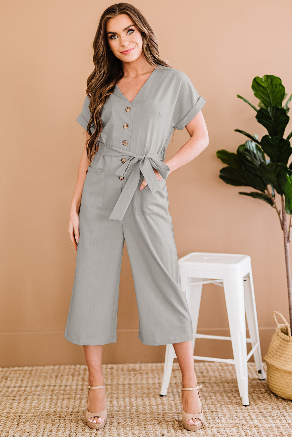 swvws Button Front Belted Cropped Jumpsuit with Pockets