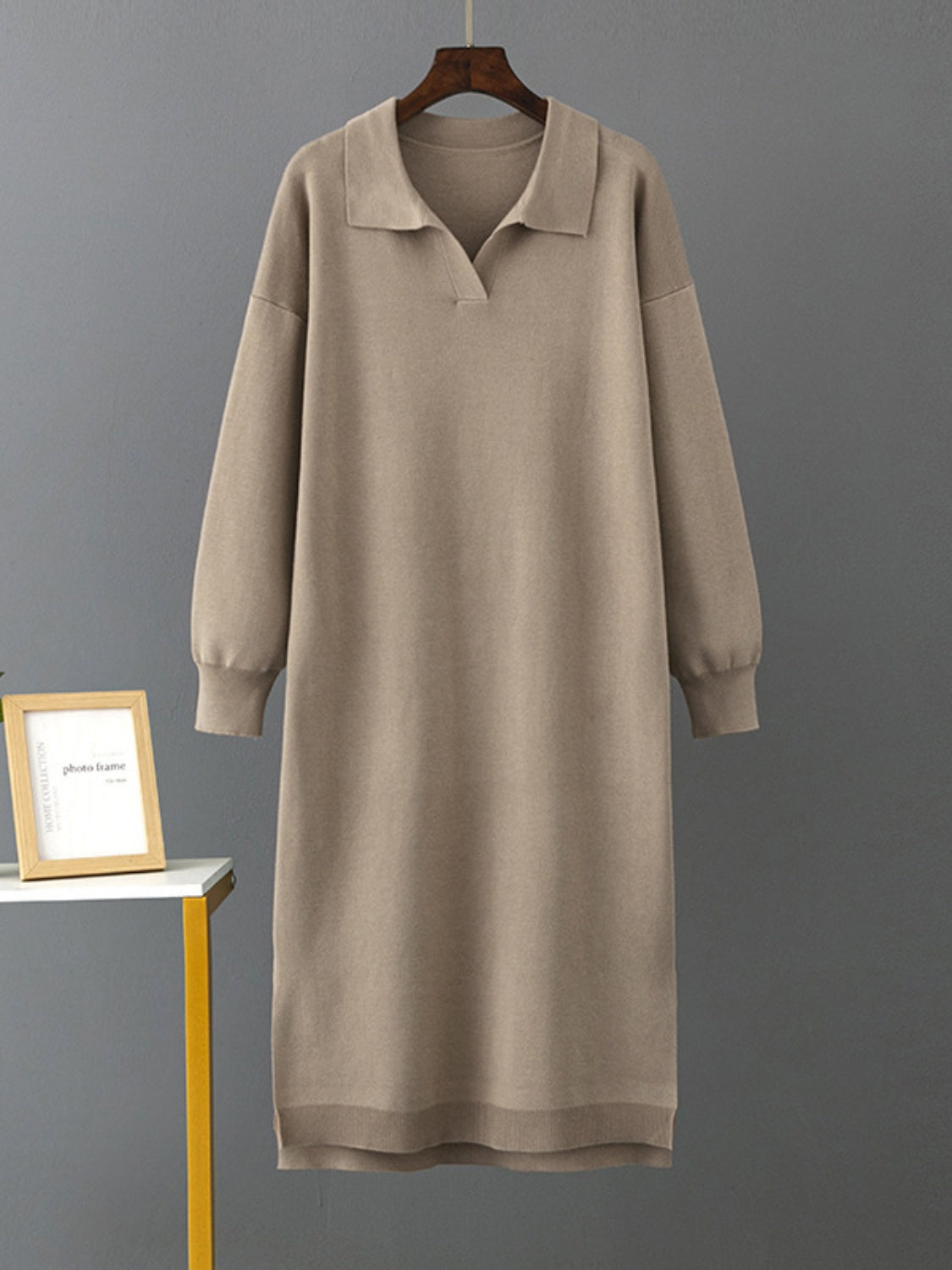 swvws Johnny Collar Long Sleeve Slit Sweater Dress