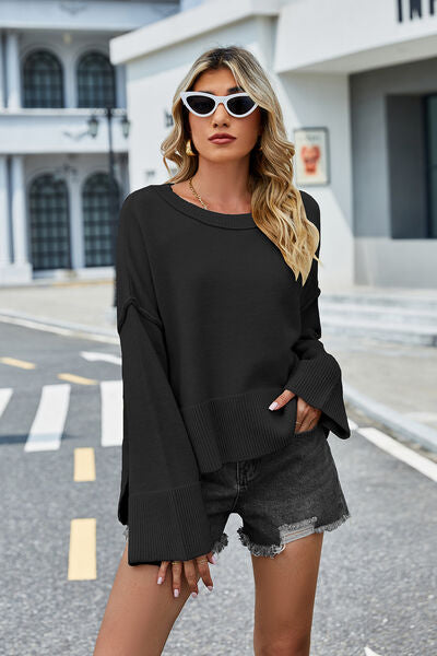 swvws High-Low Slit Round Neck Long Sleeve Sweater