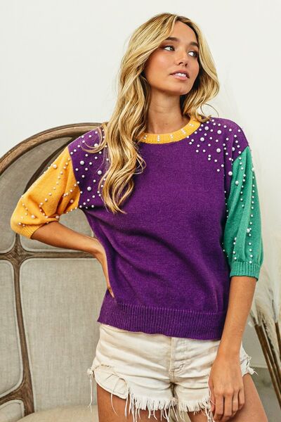 swvws BiBi Color Block Pearl Detail Round Neck Sweater