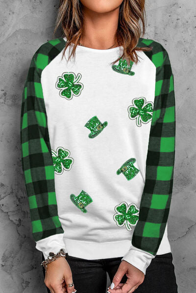 swvws Lucky Clover Sequin Round Neck Sweatshirt