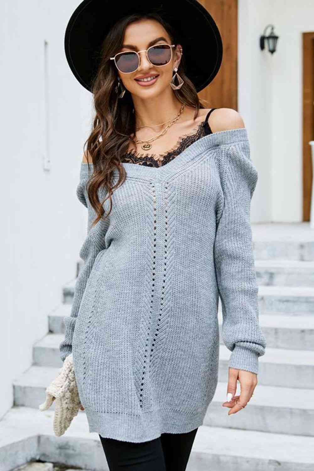 swvws Openwork V-Neck Long Sleeve Sweater