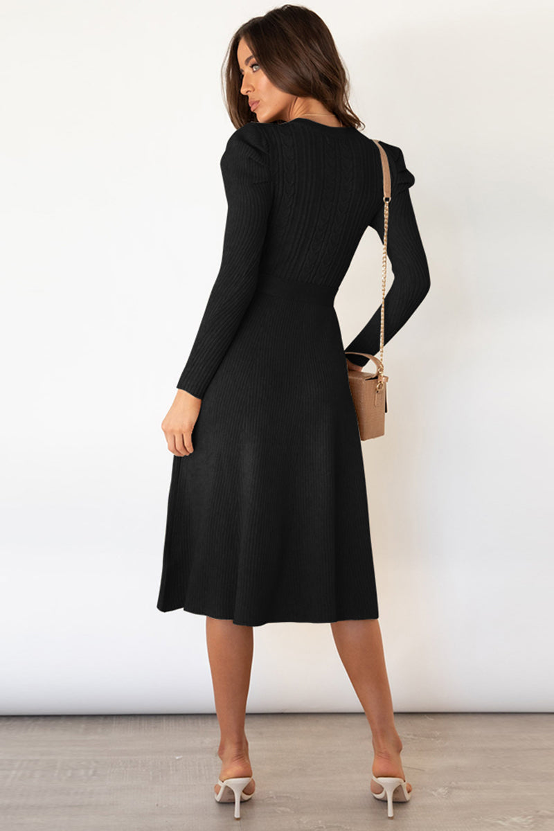 swvws Round Neck Long Sleeve Tie Waist Sweater Dress