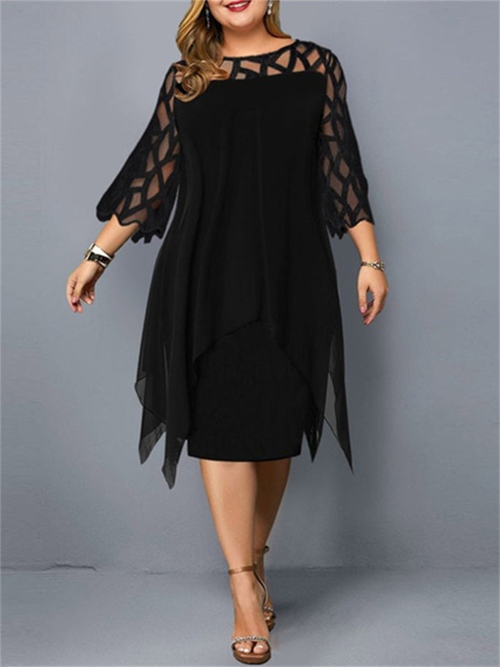 swvws Women's Plus Size Party Dress Solid Color Crew Neck Lace 3/4 Length Sleeve Fall Spring Elegant Midi Dress Formal Party Dress