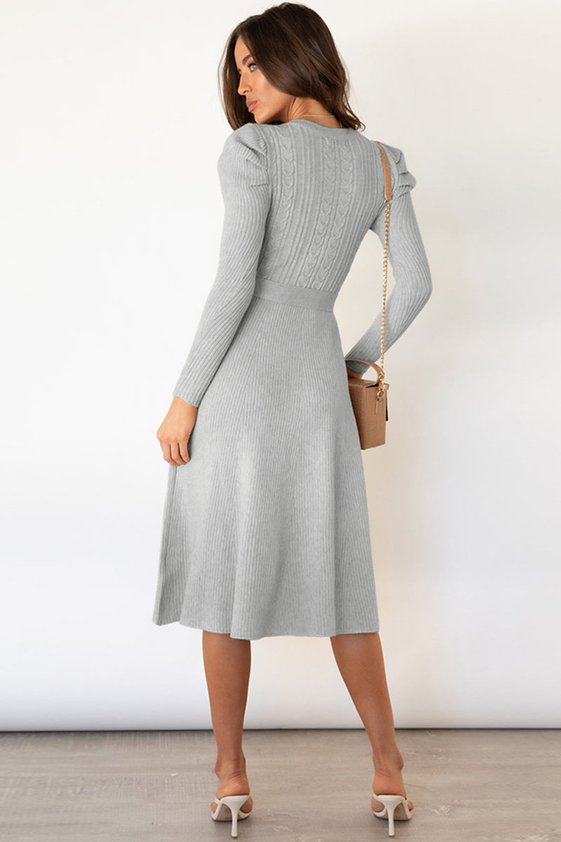 swvws Round Neck Long Sleeve Tie Waist Sweater Dress