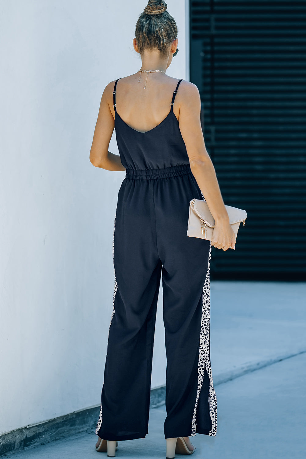 swvws Leopard Contrast Spaghetti Strap Wide Leg Jumpsuit