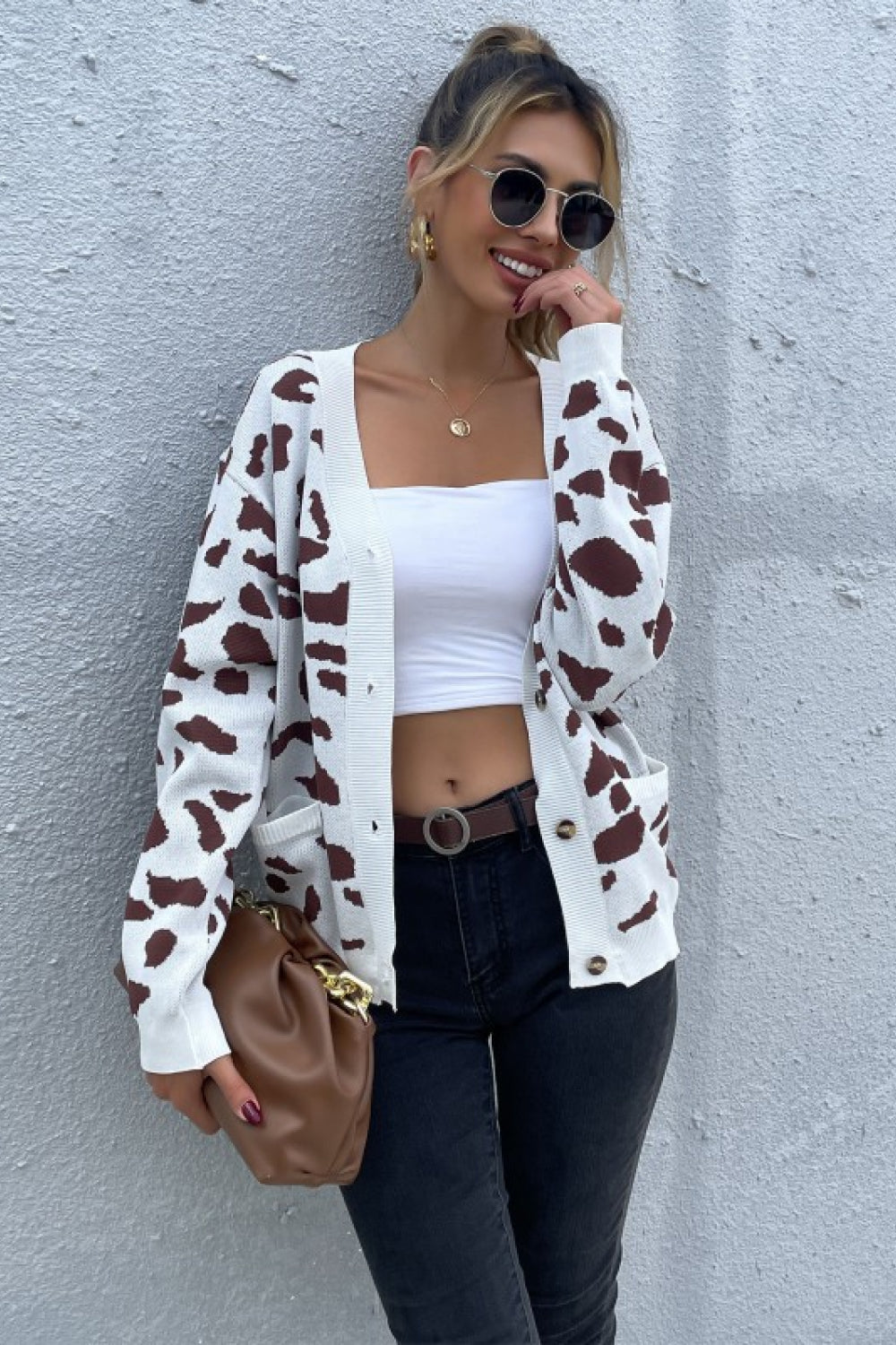 swvws Animal Print Button Front Sweater Cardigan