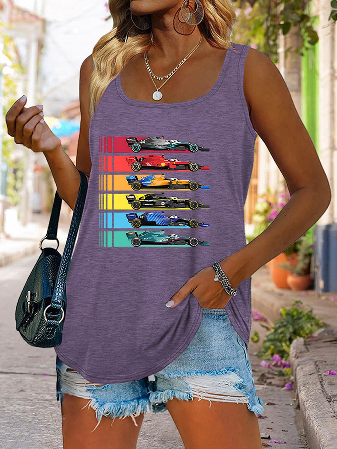 swvws Scoop Neck Race Car Graphic Tank Top