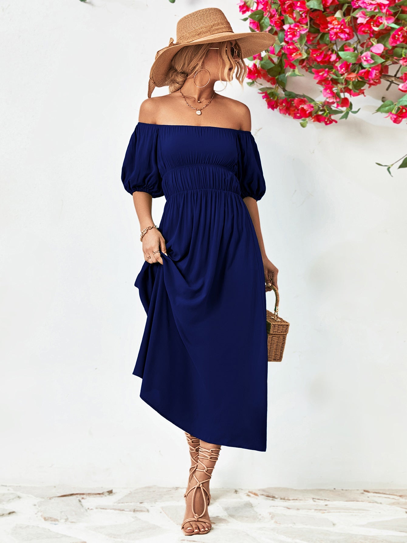 swvws Off-Shoulder Balloon Sleeve Midi Dress