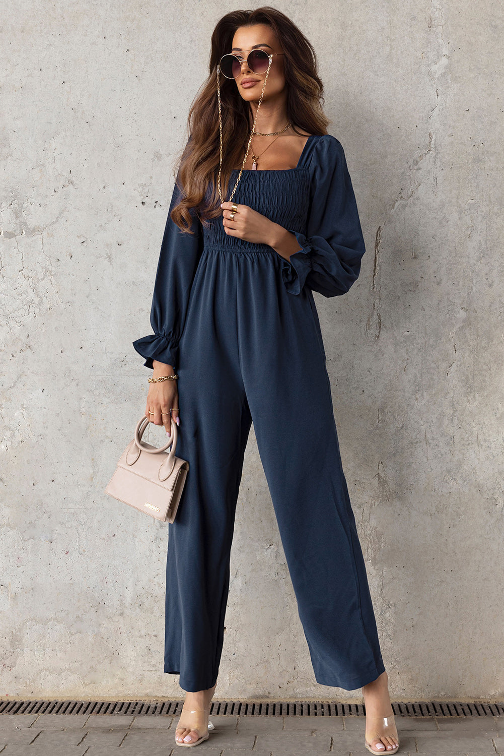 swvws Smocked Long Flounce Sleeve Square Neck Jumpsuit