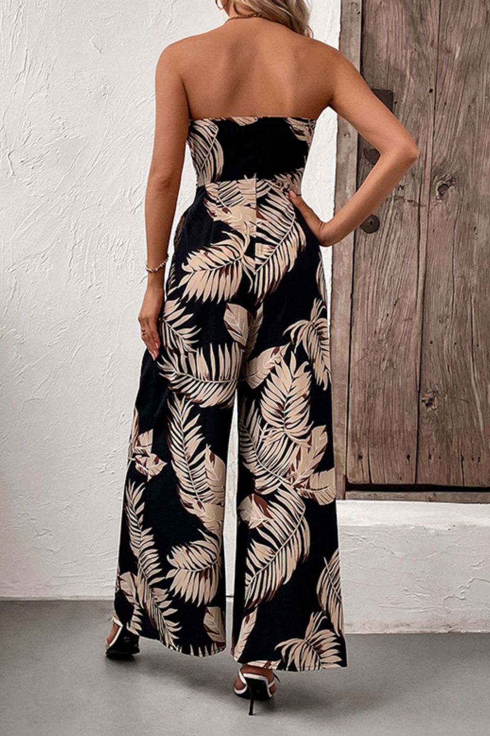 swvws Printed Strapless Wide Leg Jumpsuit with Pockets