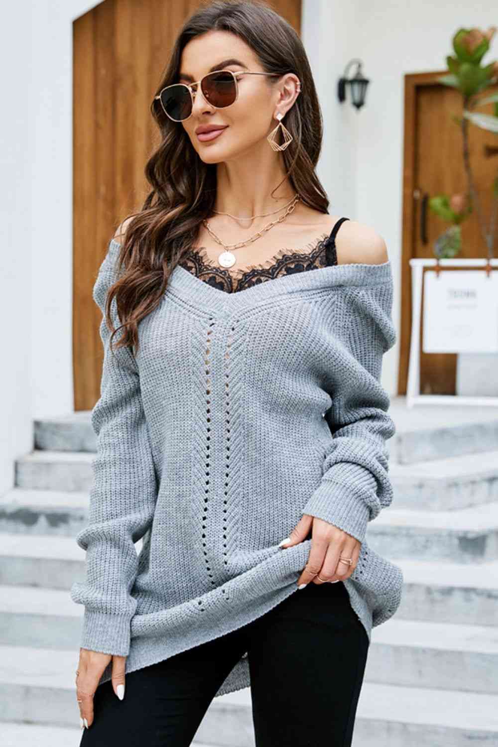 swvws Openwork V-Neck Long Sleeve Sweater