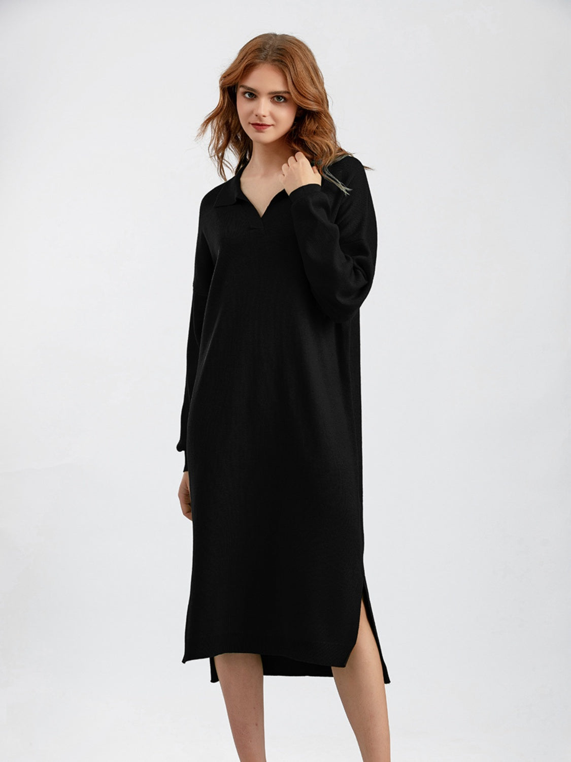 swvws Johnny Collar Long Sleeve Slit Sweater Dress