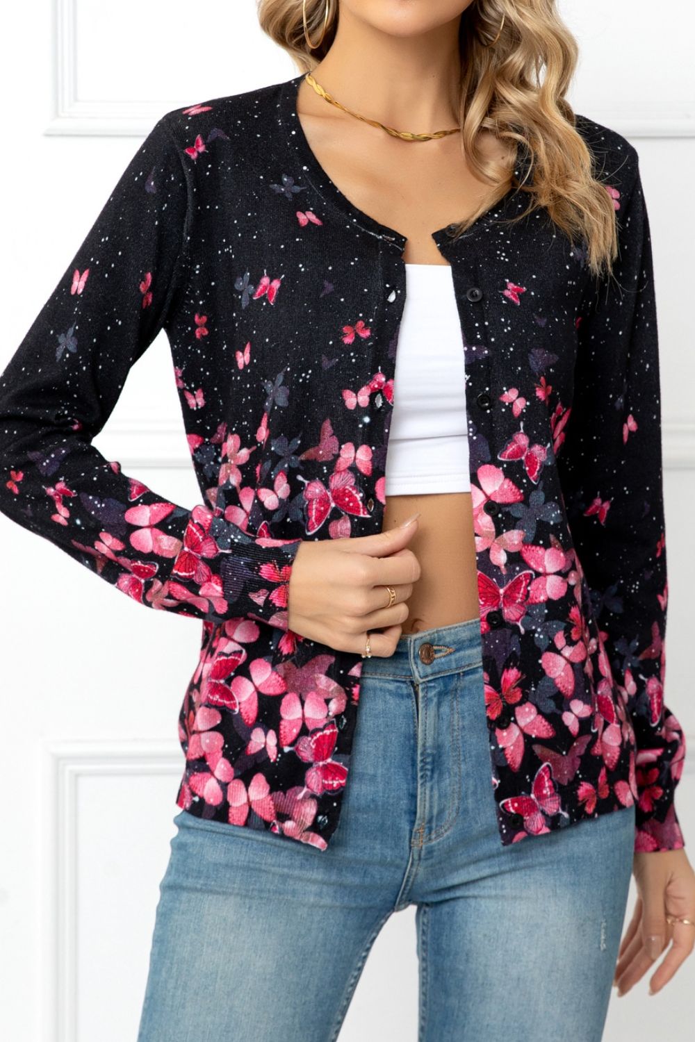 swvws Floral Button Front Round Neck Cardigan