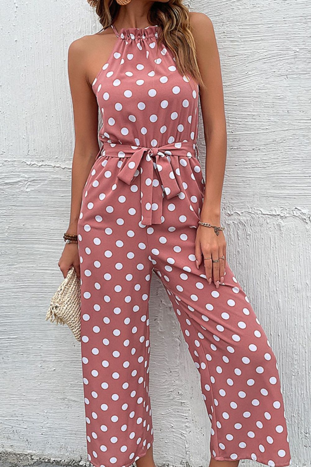 swvws Polka Dot Grecian Wide Leg Jumpsuit