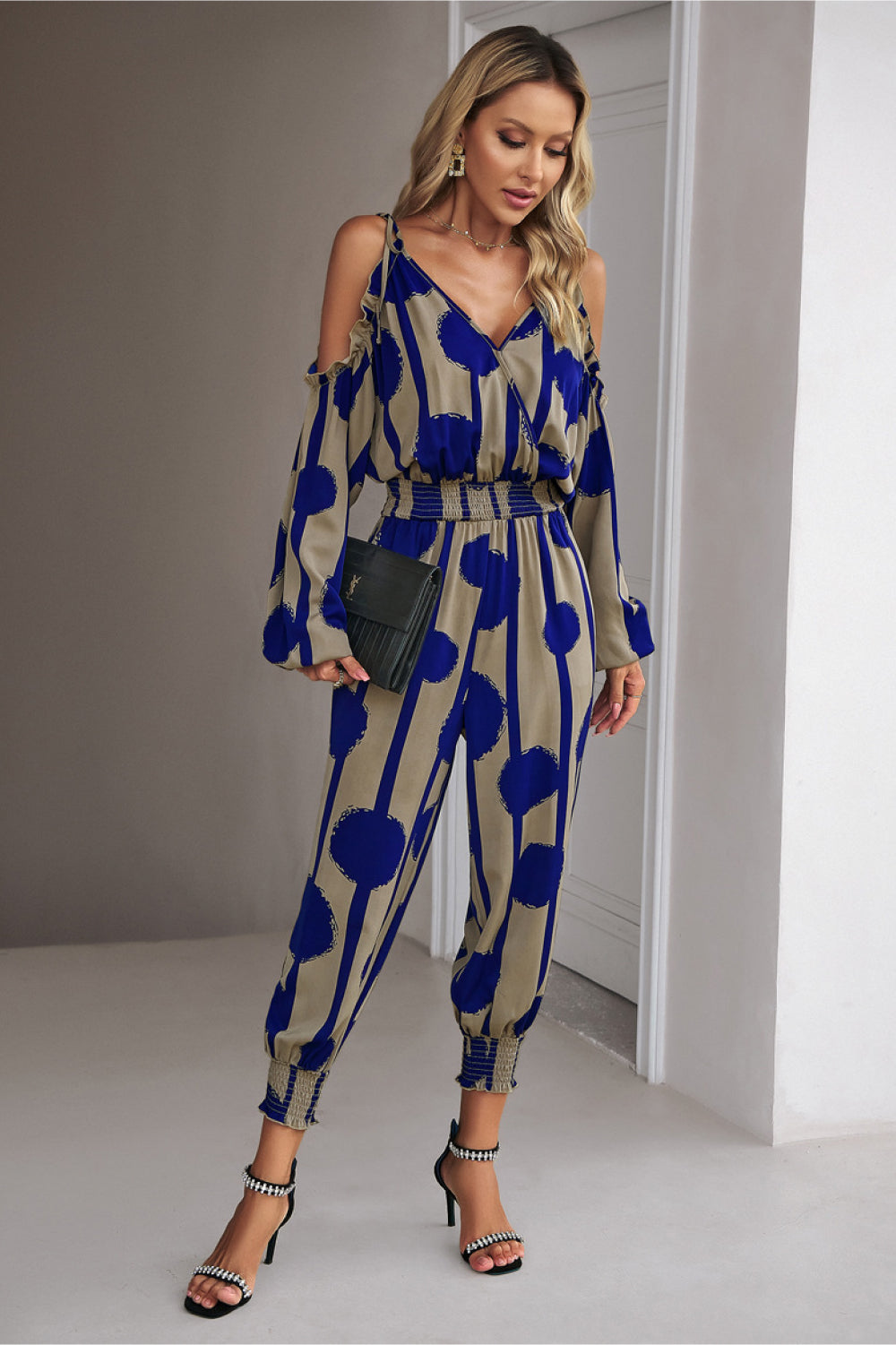 swvws Printed Cold-Shoulder Surplice Neck Jumpsuit