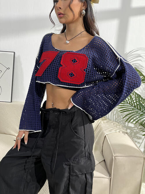 swvws Contrast Patches Long Sleeve Cropped Knit Top