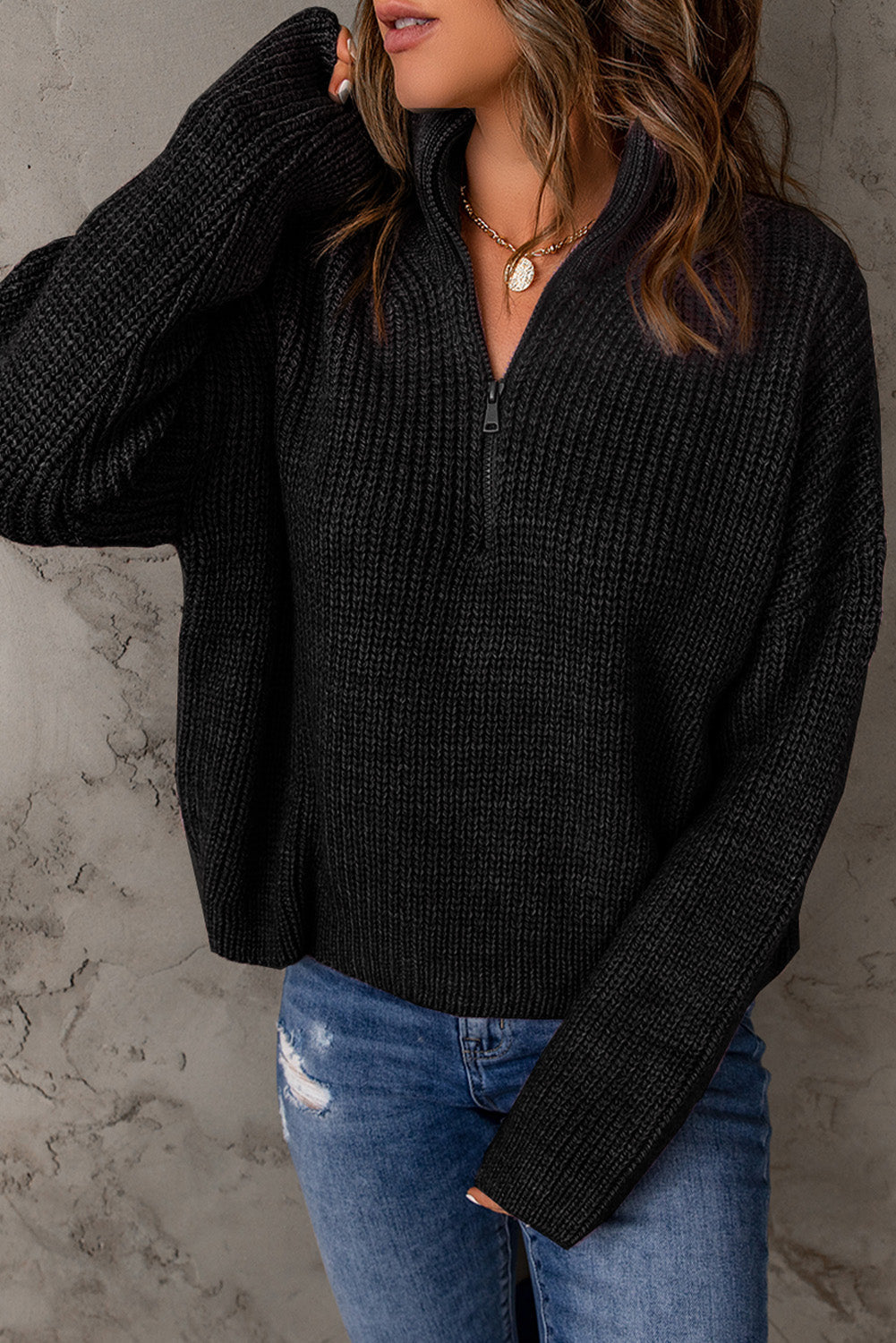 swvws Half Zip Rib-Knit Dropped Shoulder Sweater