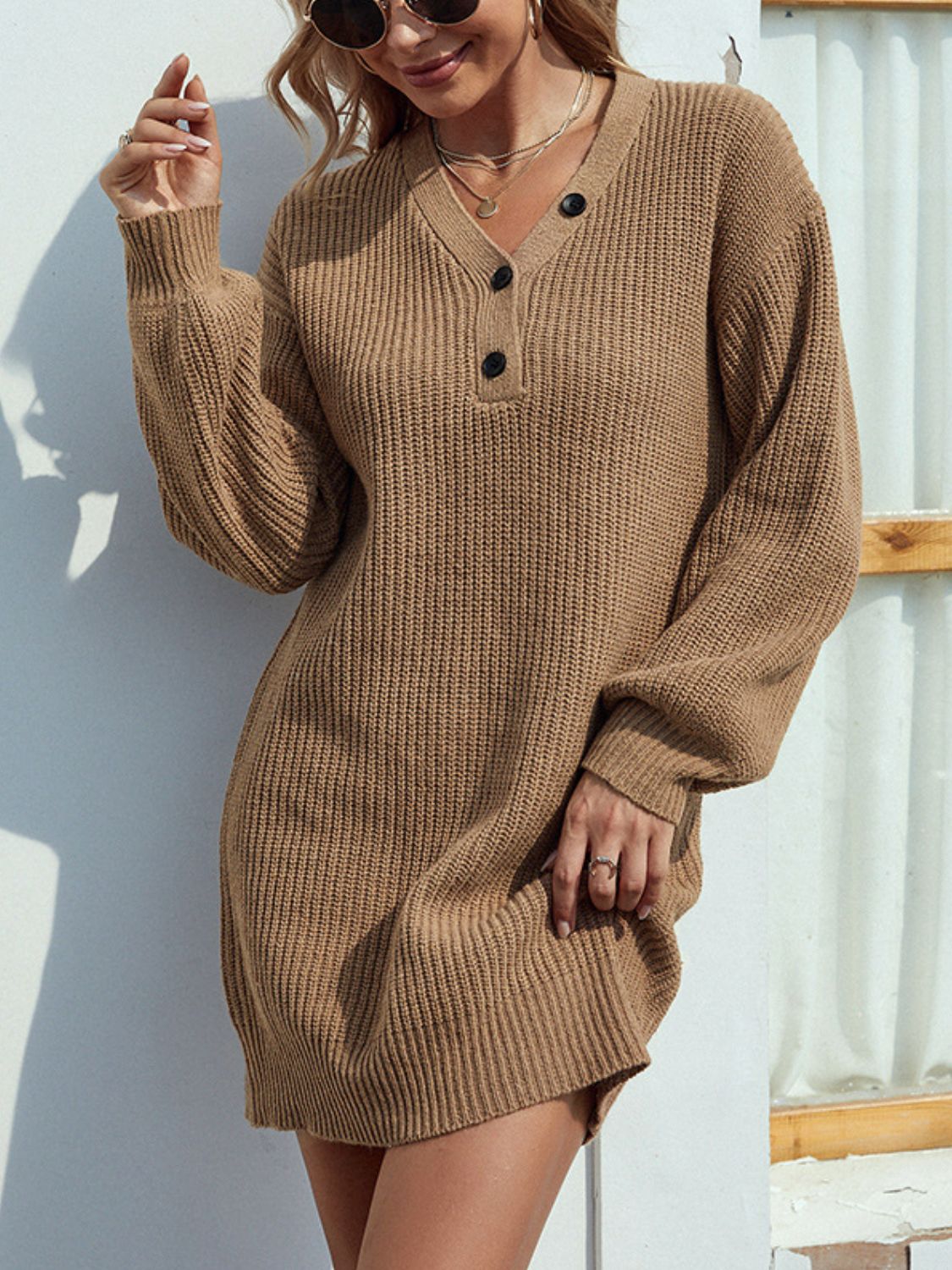 swvws Buttoned V-Neck Sweater Dress