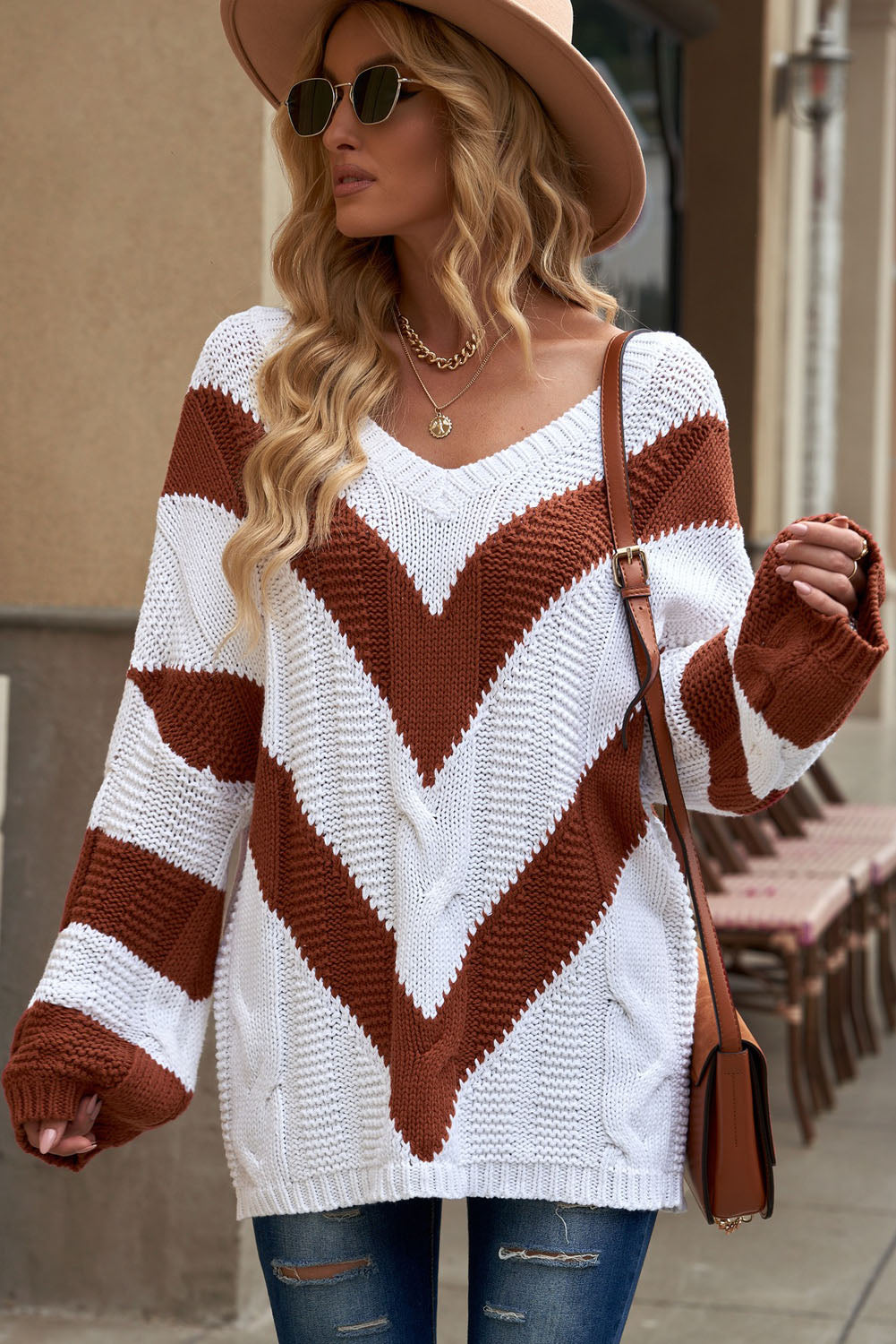 swvws Chevron Cable-Knit V-Neck Tunic Sweater