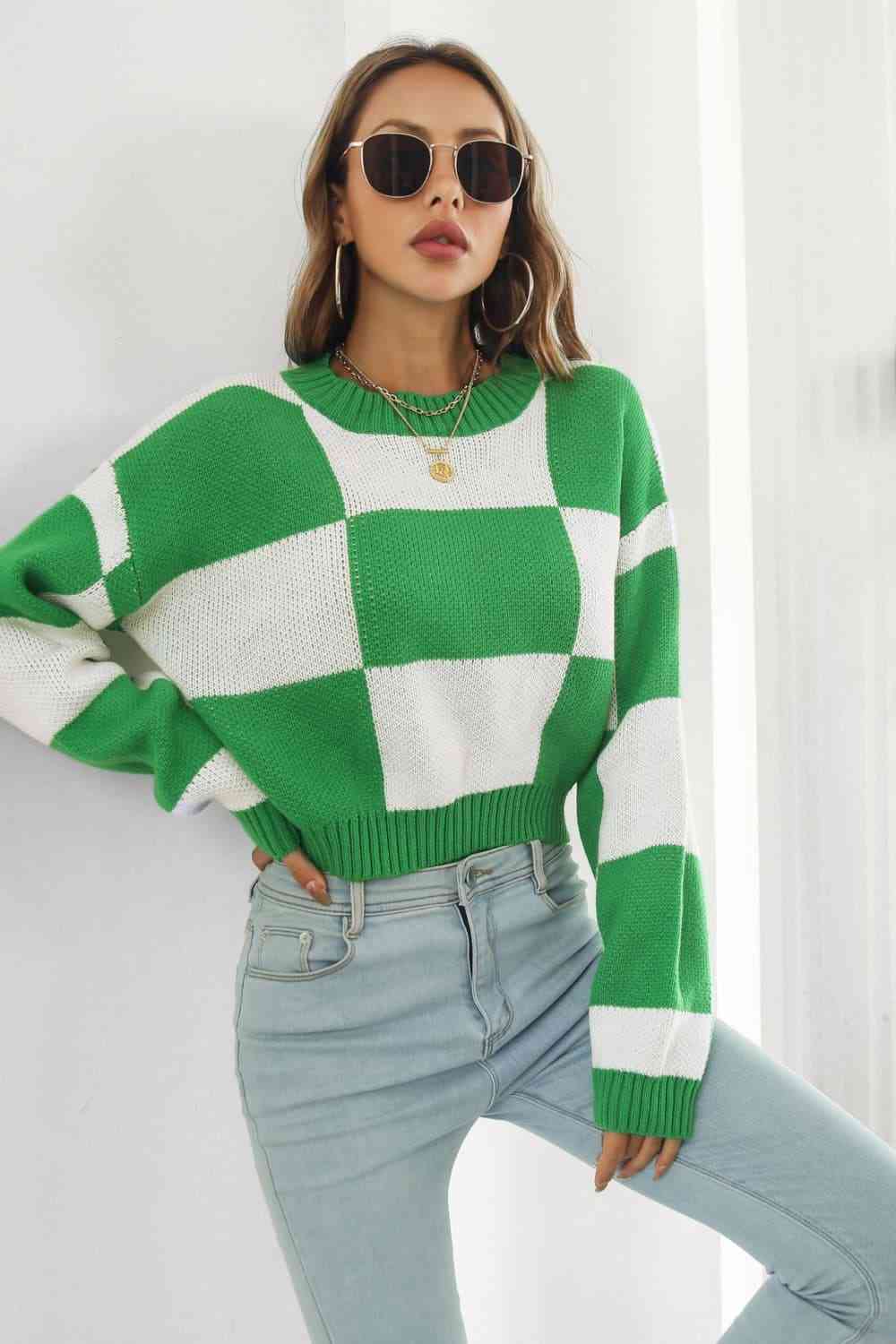 swvws Color Block Round Neck Dropped Shoulder Sweater