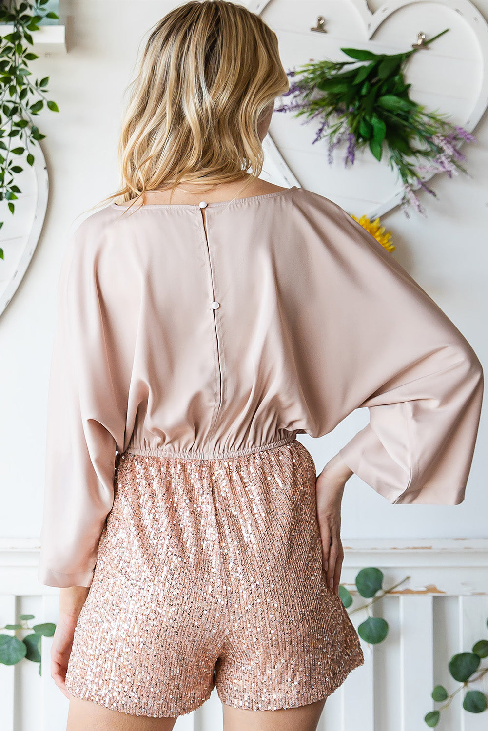 swvws Sequin Drawstring Waist Dolman Sleeve Romper