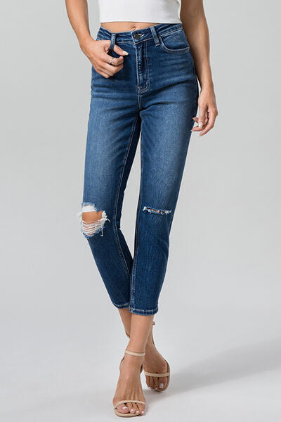 swvws BAYEAS Full Size High Waist Distressed Washed Cropped Mom Jeans