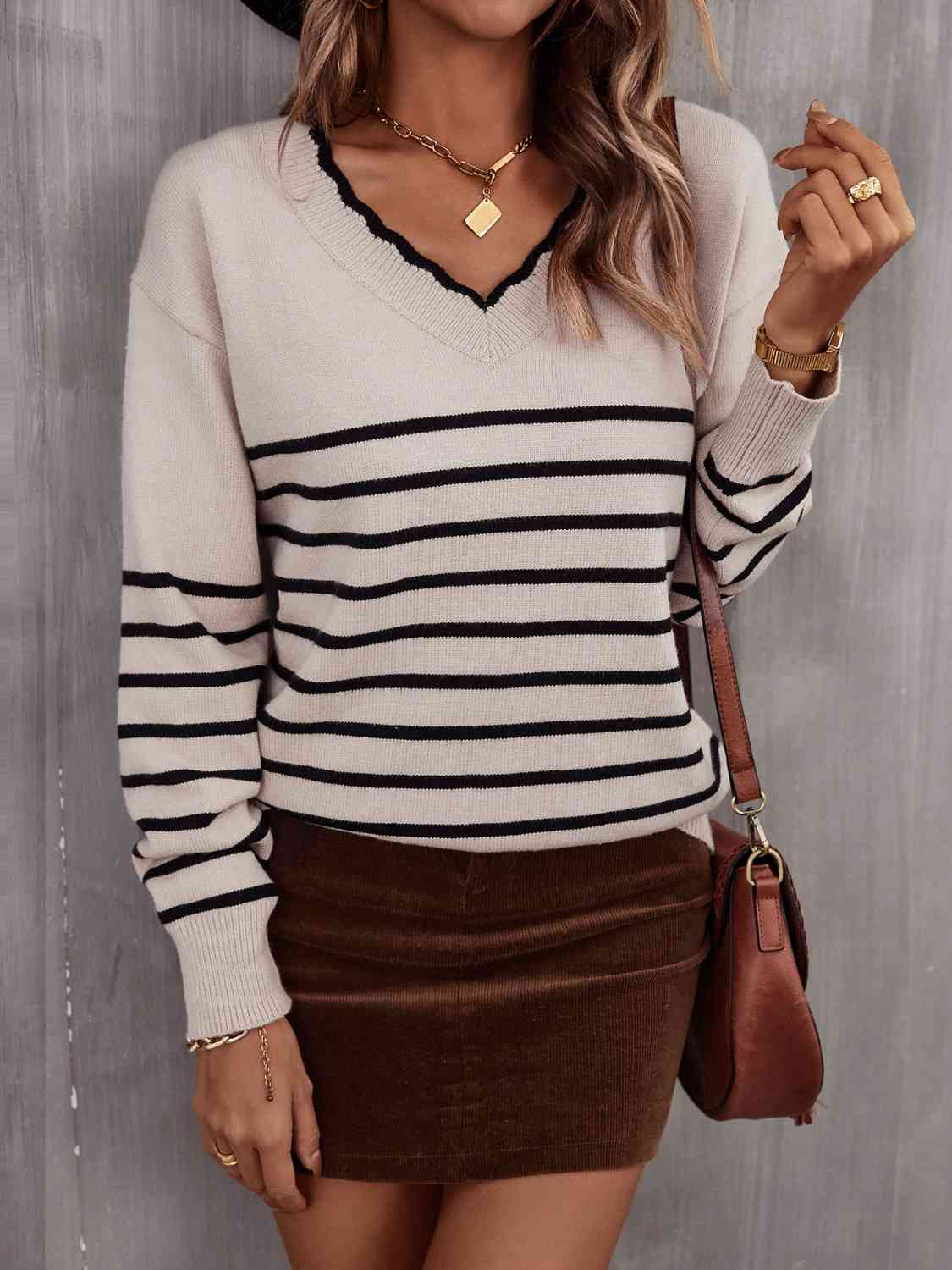 swvws Striped V-Neck Drop Shoulder Sweater