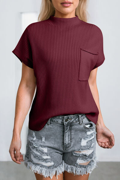 swvws Ribbed Mock Neck Short Sleeve Knit Top