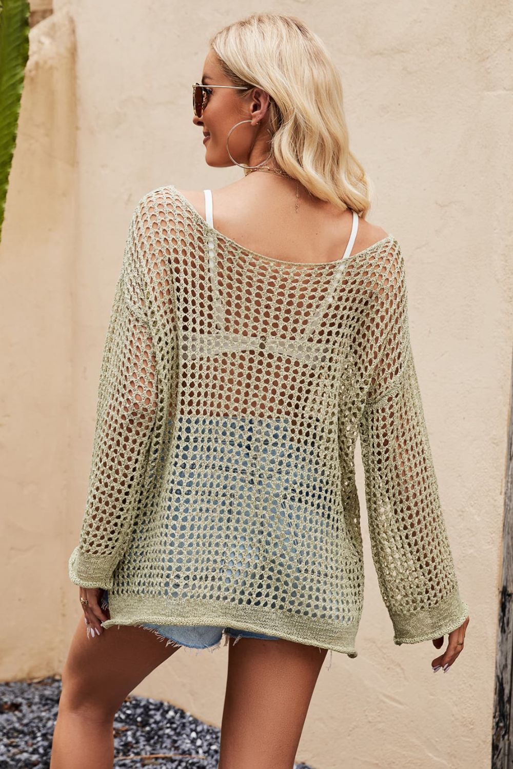 swvws Openwork Round Neck Long Sleeve Cover Up