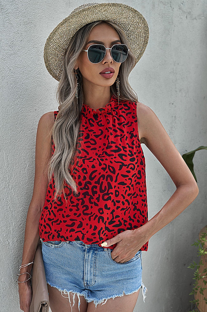 swvws Leopard Print Ruffled Neck Tank Top