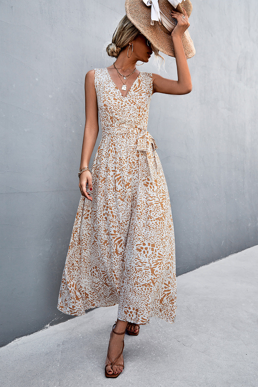 swvws Printed V-Neck Tie Waist Maxi Dress