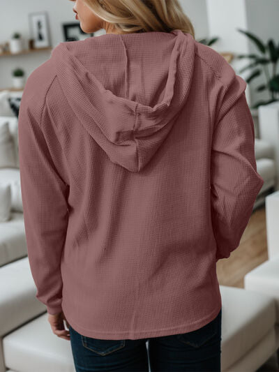 swvws Waffle-Knit Drawstring Quarter Button Hoodie