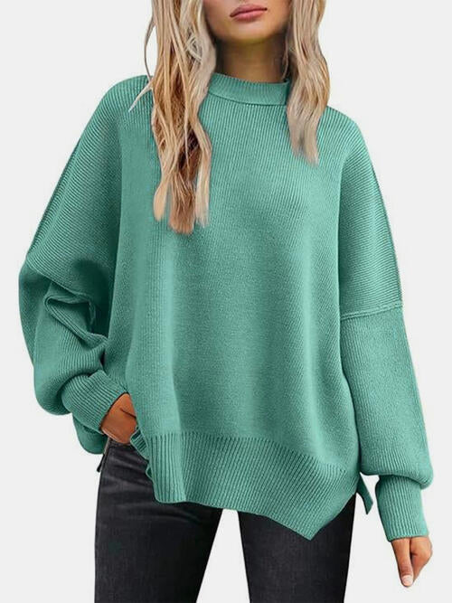 swvws Round Neck Drop Shoulder Slit Sweater