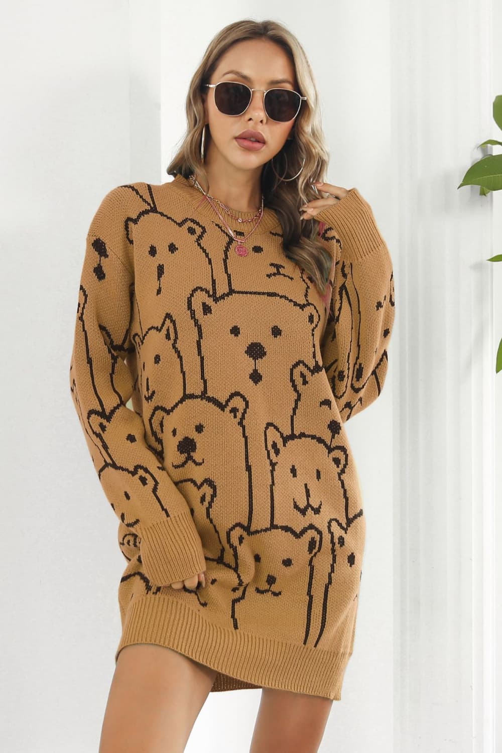 swvws Bear Pattern Round Neck Sweater Dress