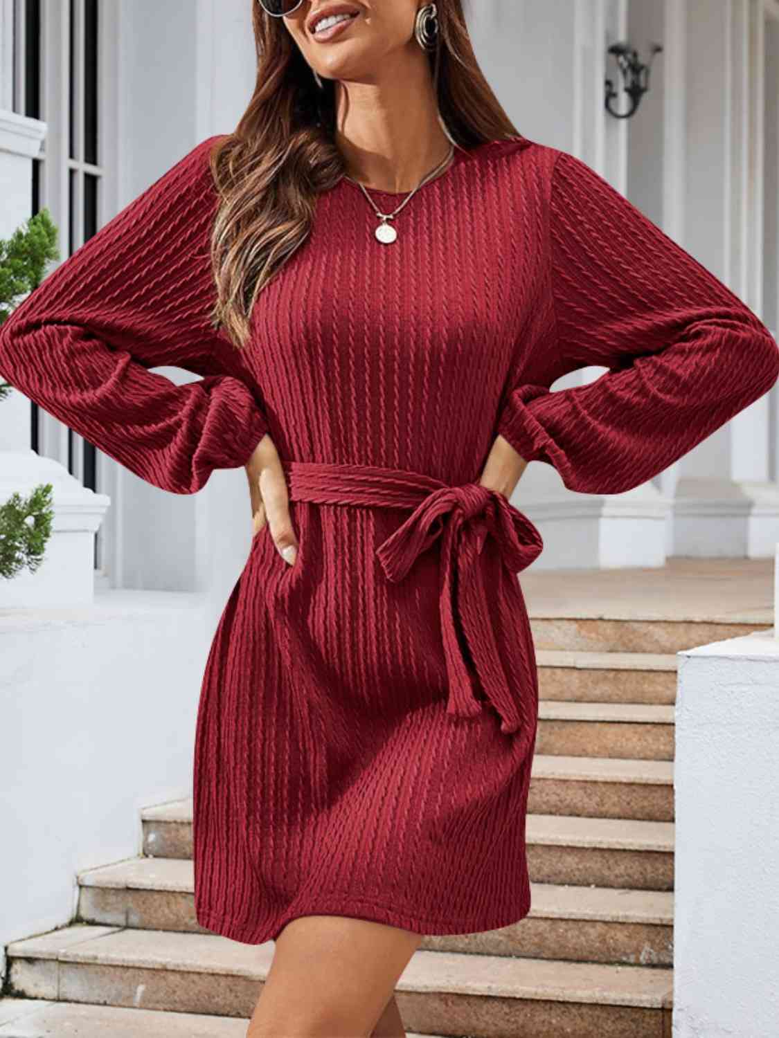 swvws Round Neck Tie Front Long Sleeve Dress