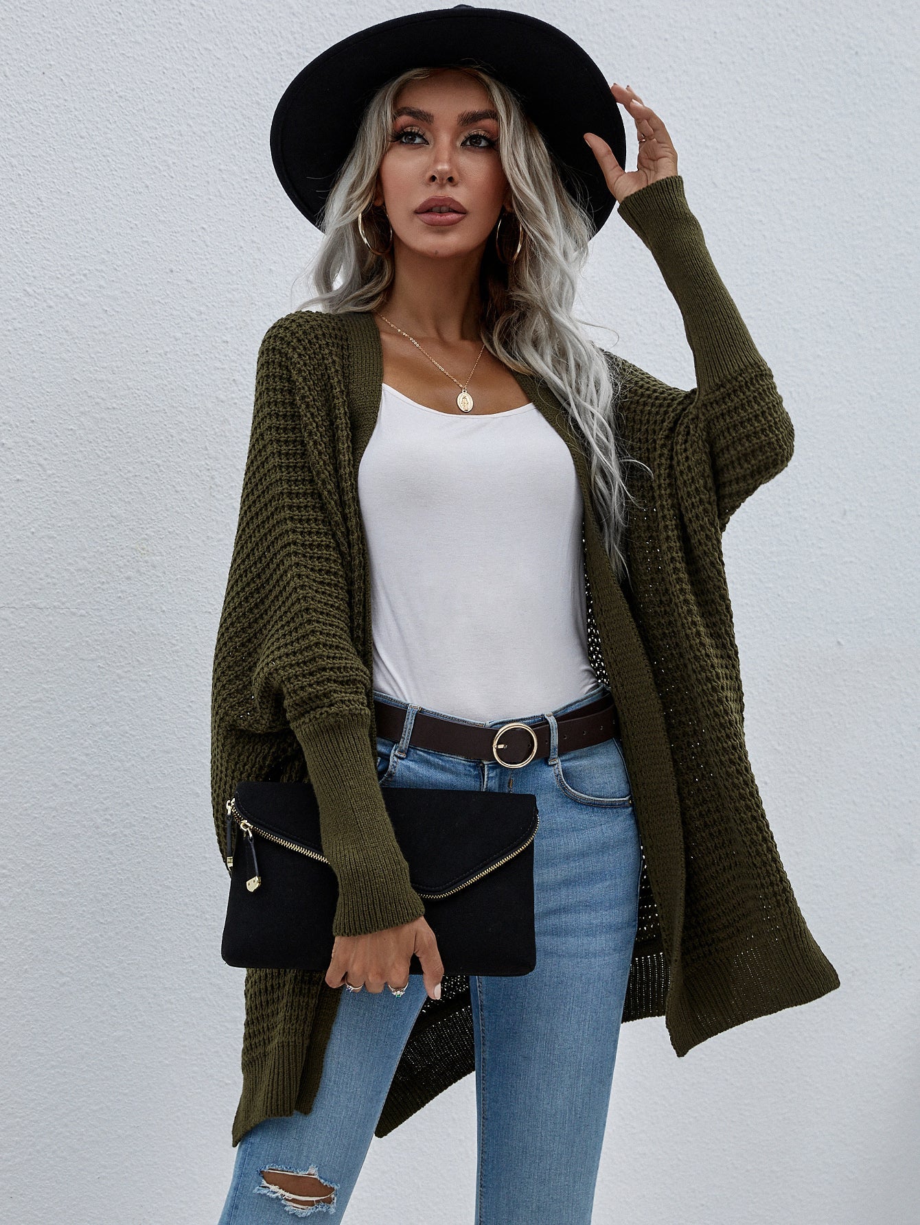 swvws Waffle Knit Open Front Cardigan