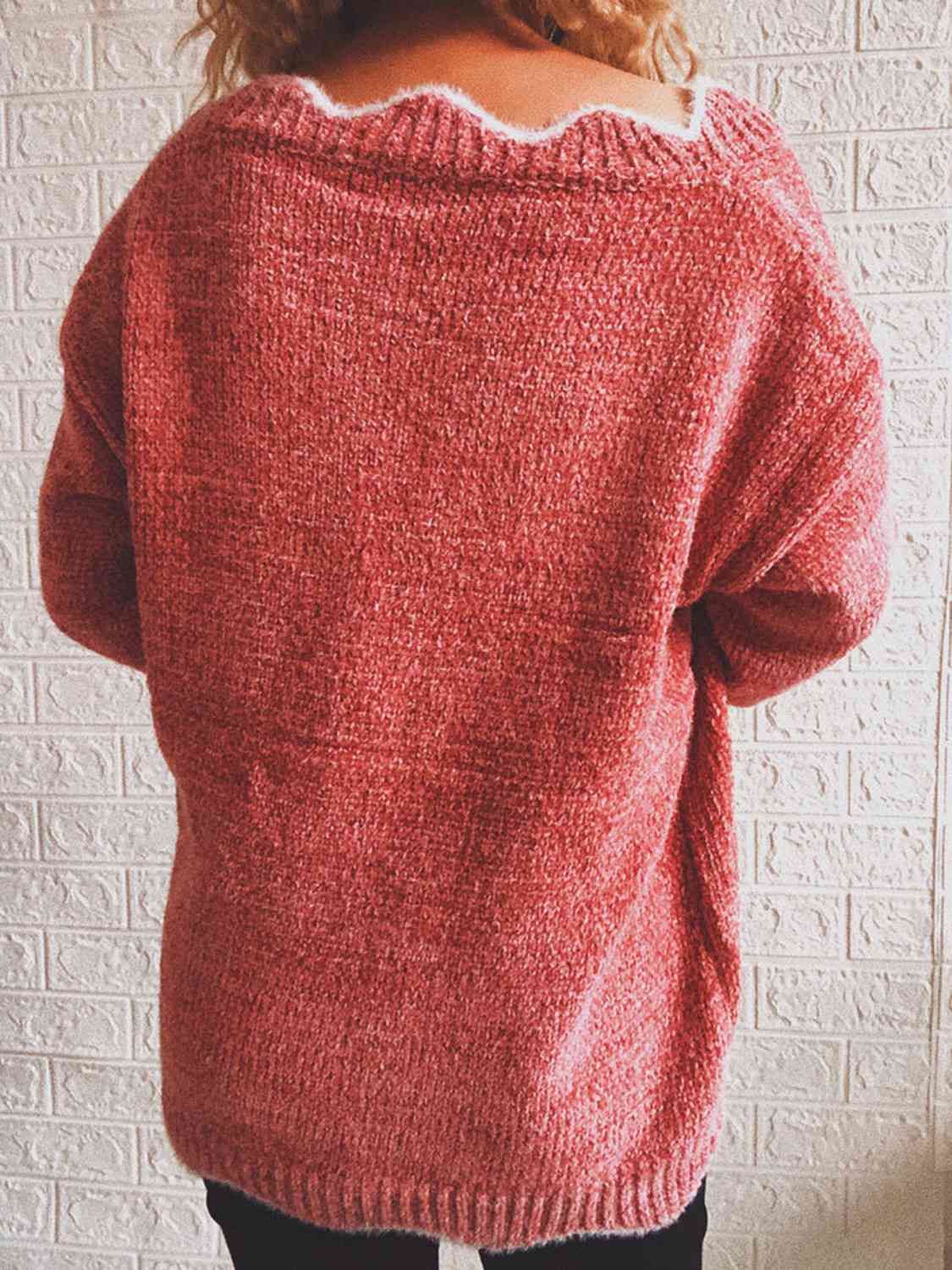 swvws Notched Dropped Shoulder Long Sleeve Sweater