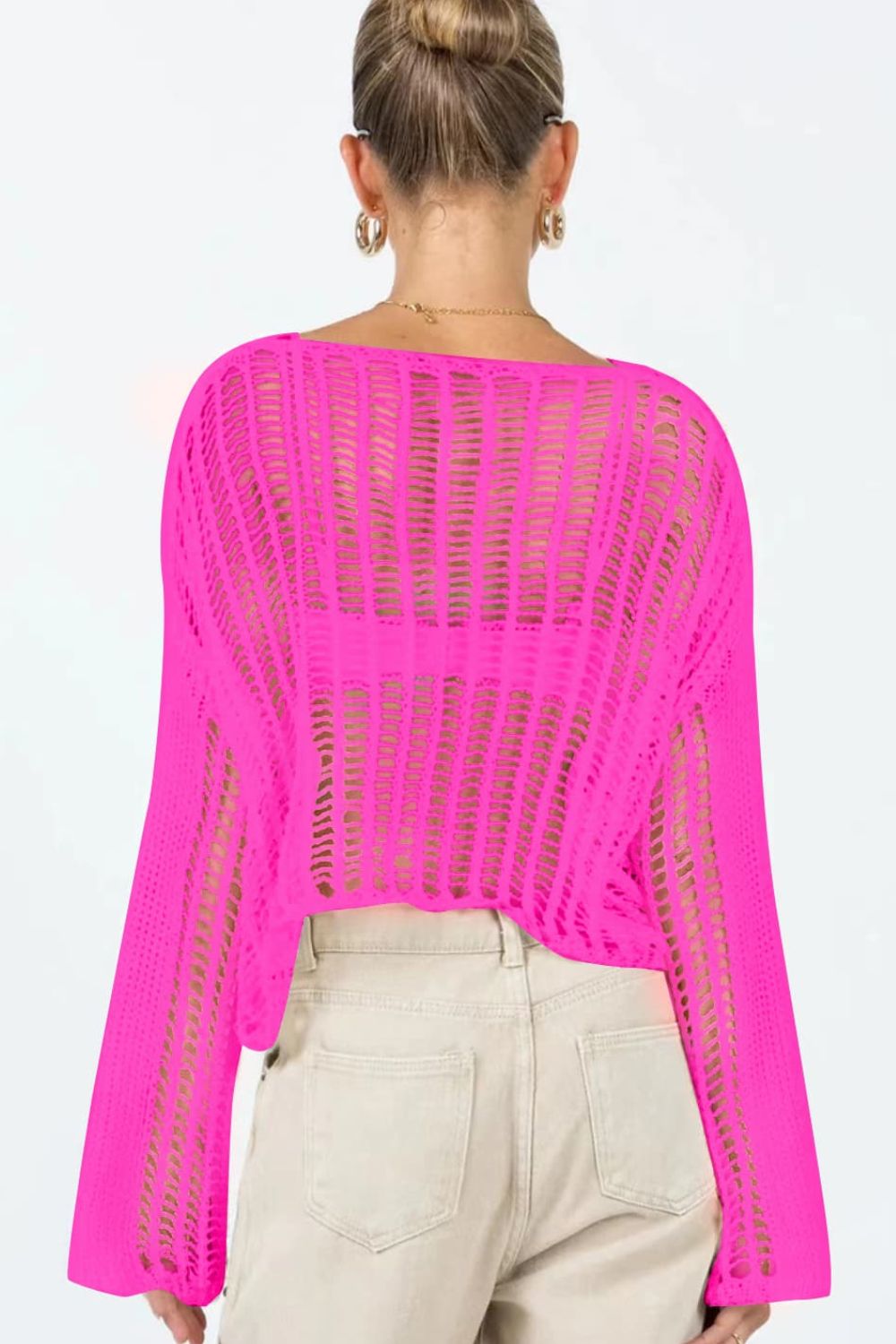 swvws Openwork Boat Neck Long Sleeve Cover Up