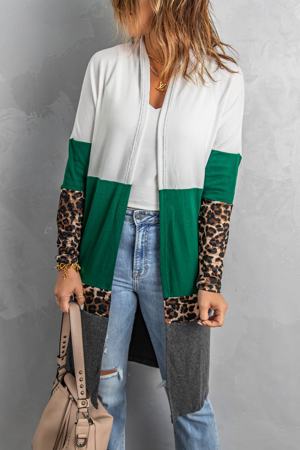 swvws Leopard Color Block Open Front Longline Cardigan