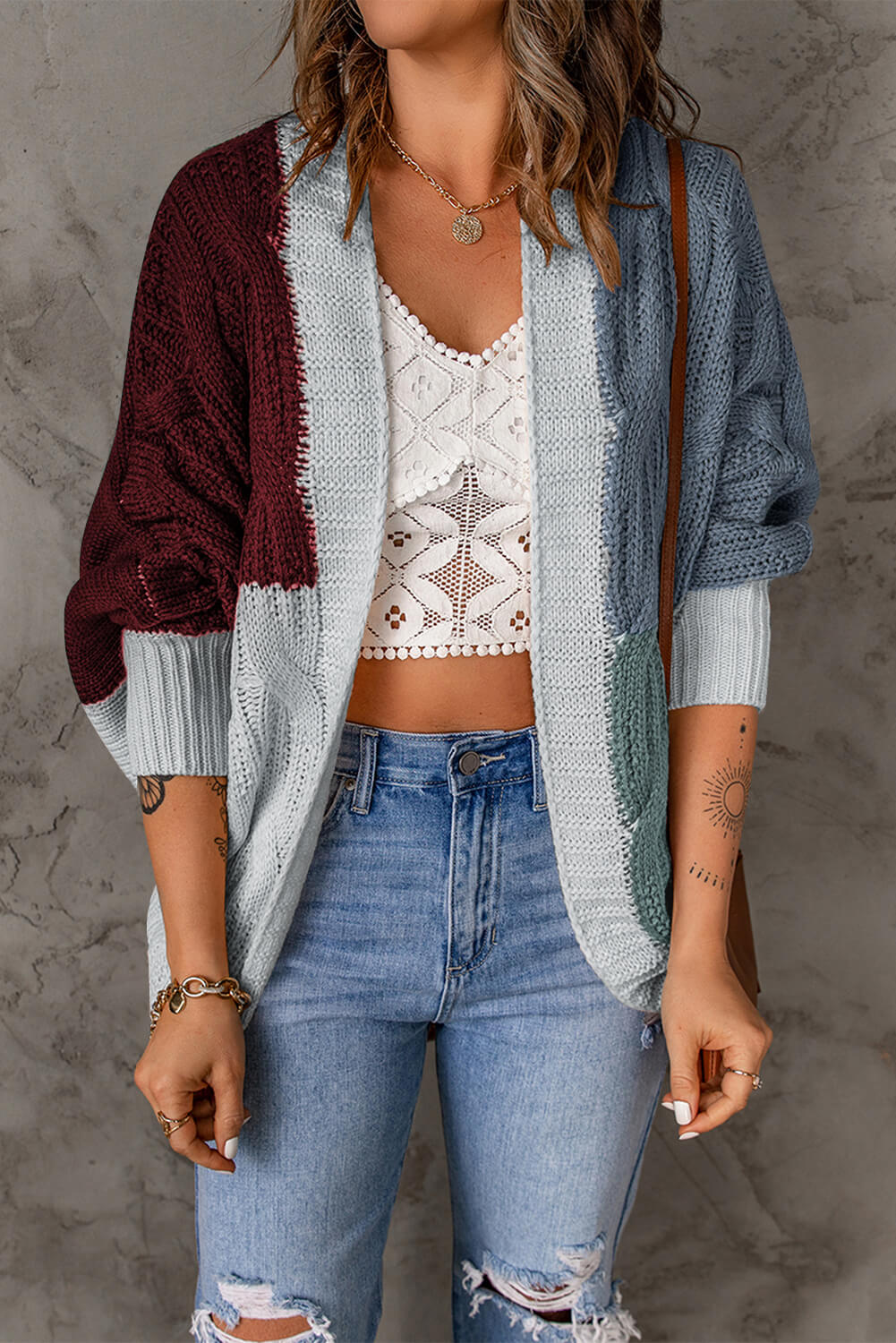 swvws Color Block Cable-Knit Batwing Sleeve Cardigan