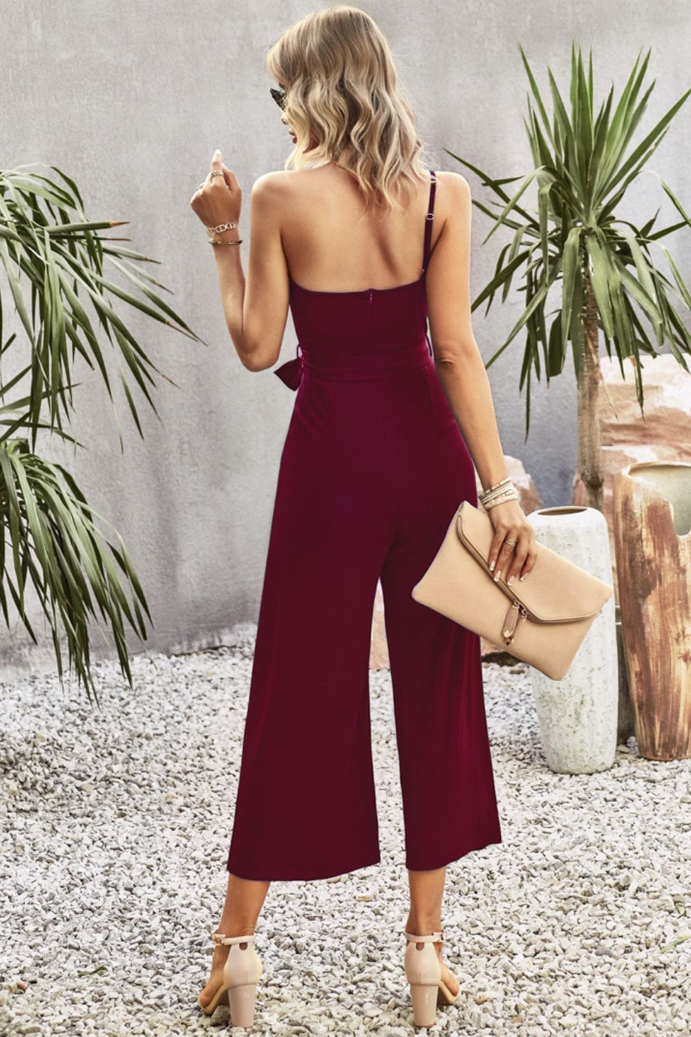 swvws One-Shoulder Tie Belt Wide Leg Jumpsuit