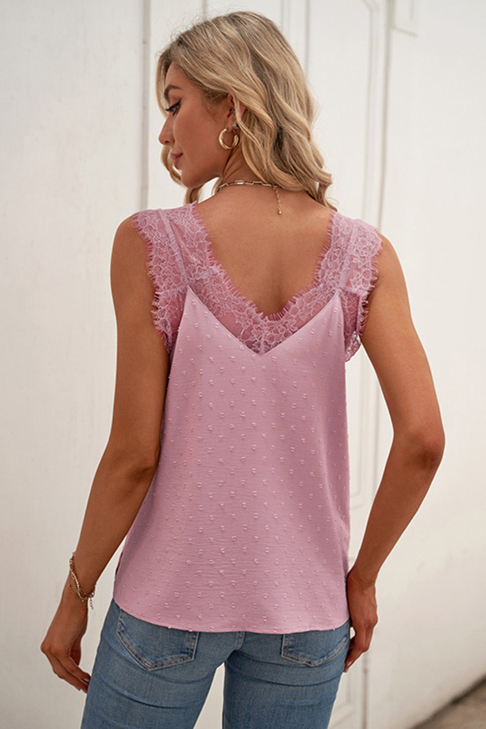 swvws Swiss Dot Lace Trim V-Neck Tank