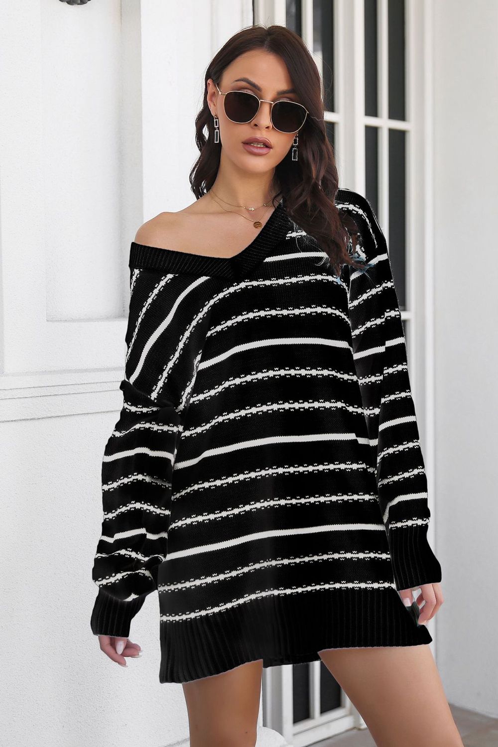 swvws Striped V-Neck Sweater Dress