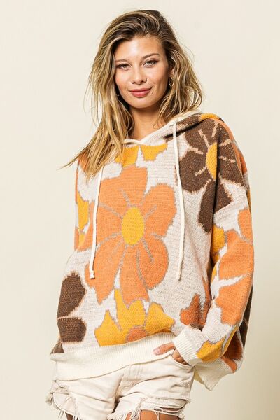 swvws BiBi Flower Pattern Drawstring Hooded Sweater